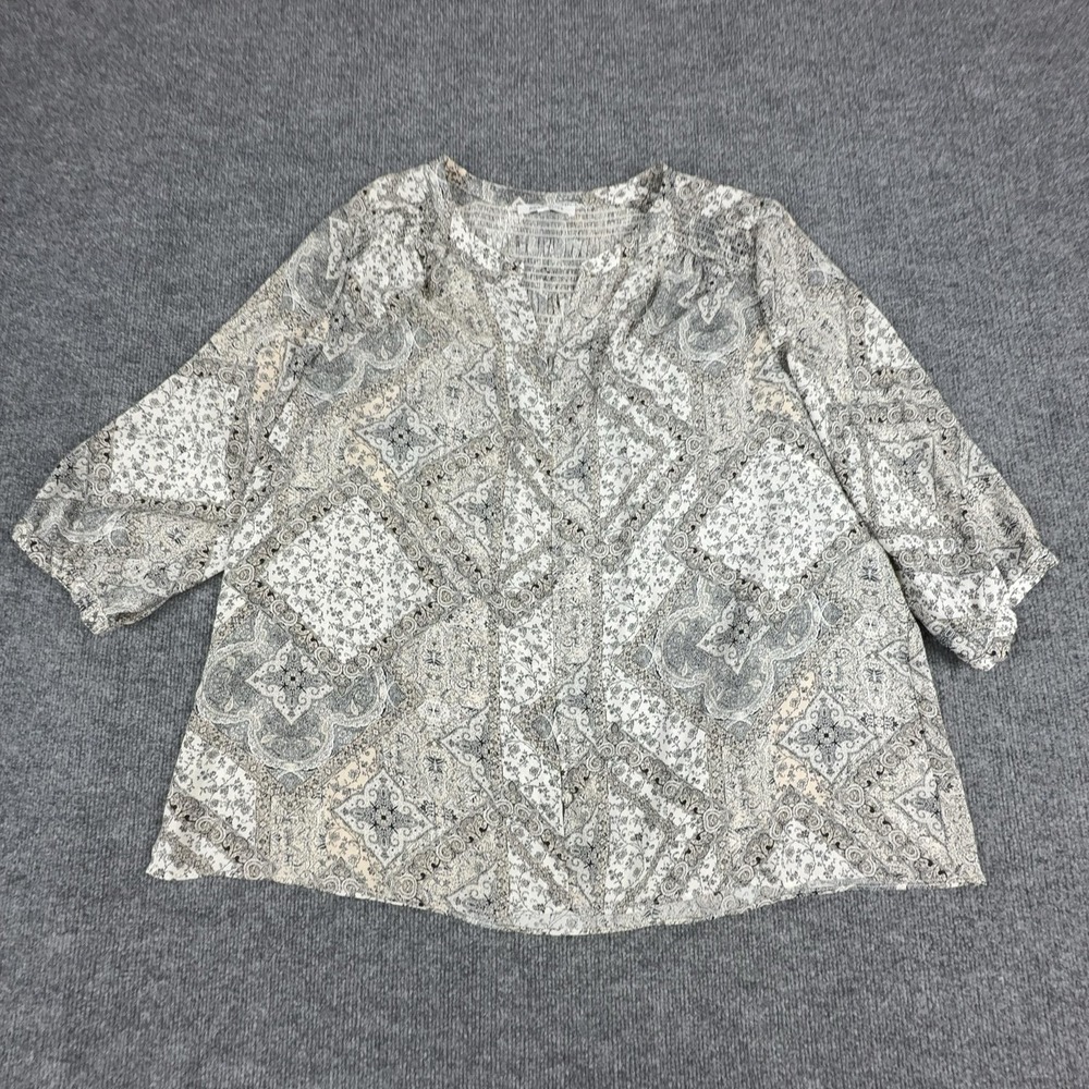 Rose+Olive Blouse Womens 2X White Paisley V Neck 3/4 Sleeve Tunic Top Boho